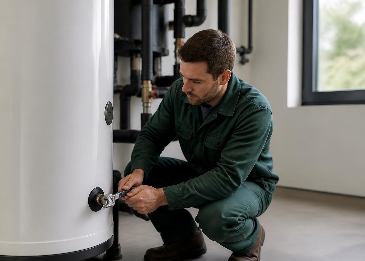 Atlas Energy engineer connecting pipework to a hot water cylinder during a heat pump installation