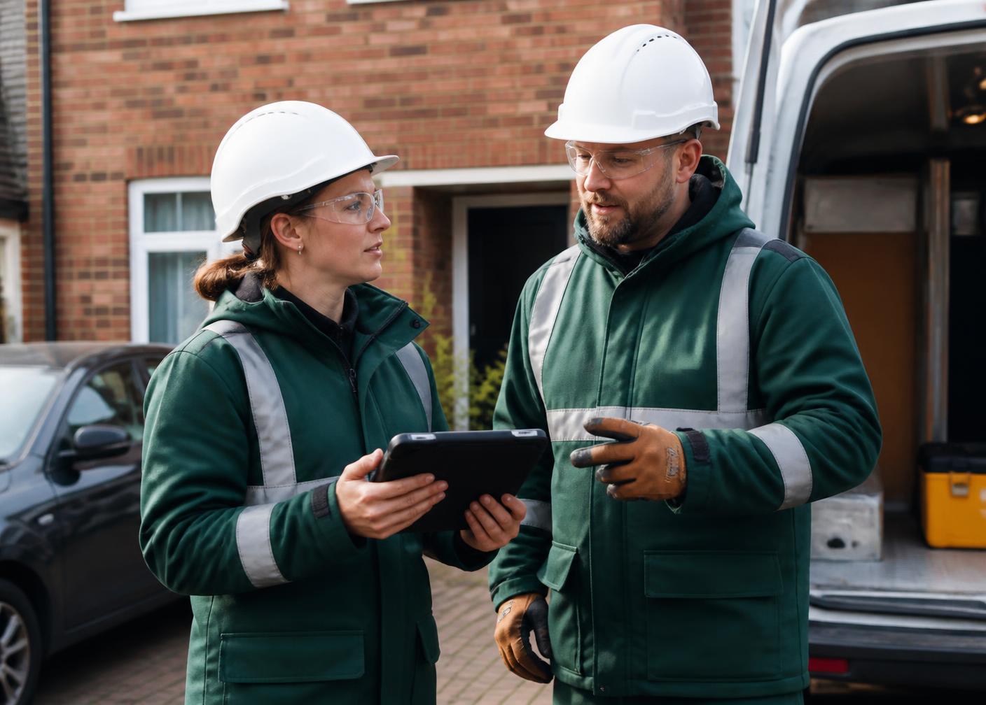 Two Atlas Energy engineers in green workwear reviewing a job on a tablet outside a customer's home