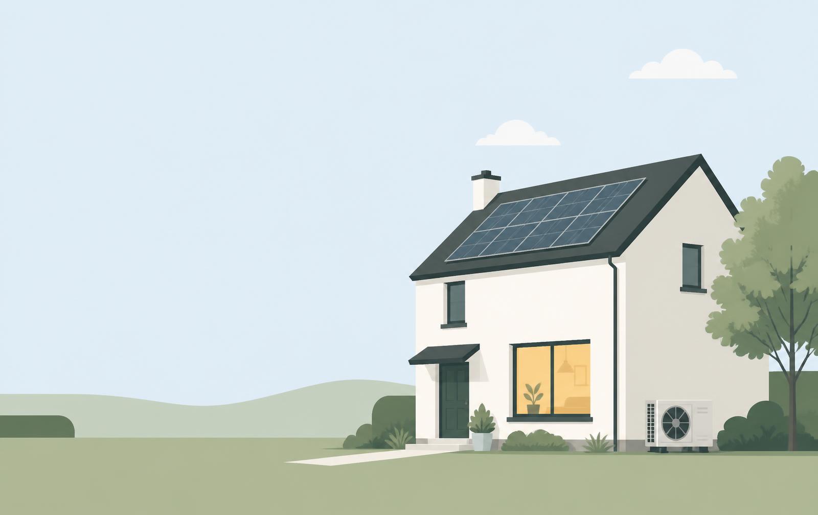 Illustration of a detached family home with roof solar panels and an air source heat pump beside the wall