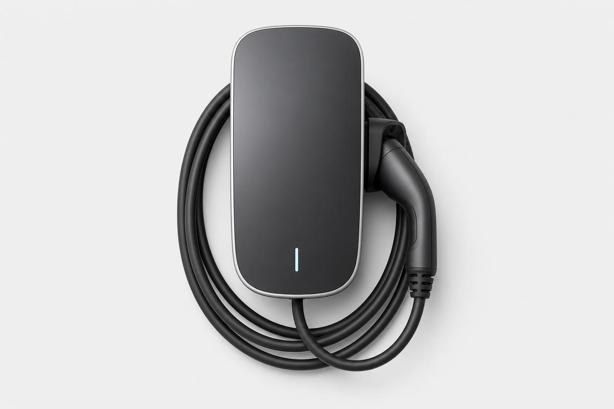 Sleek home EV charger on a light grey studio background