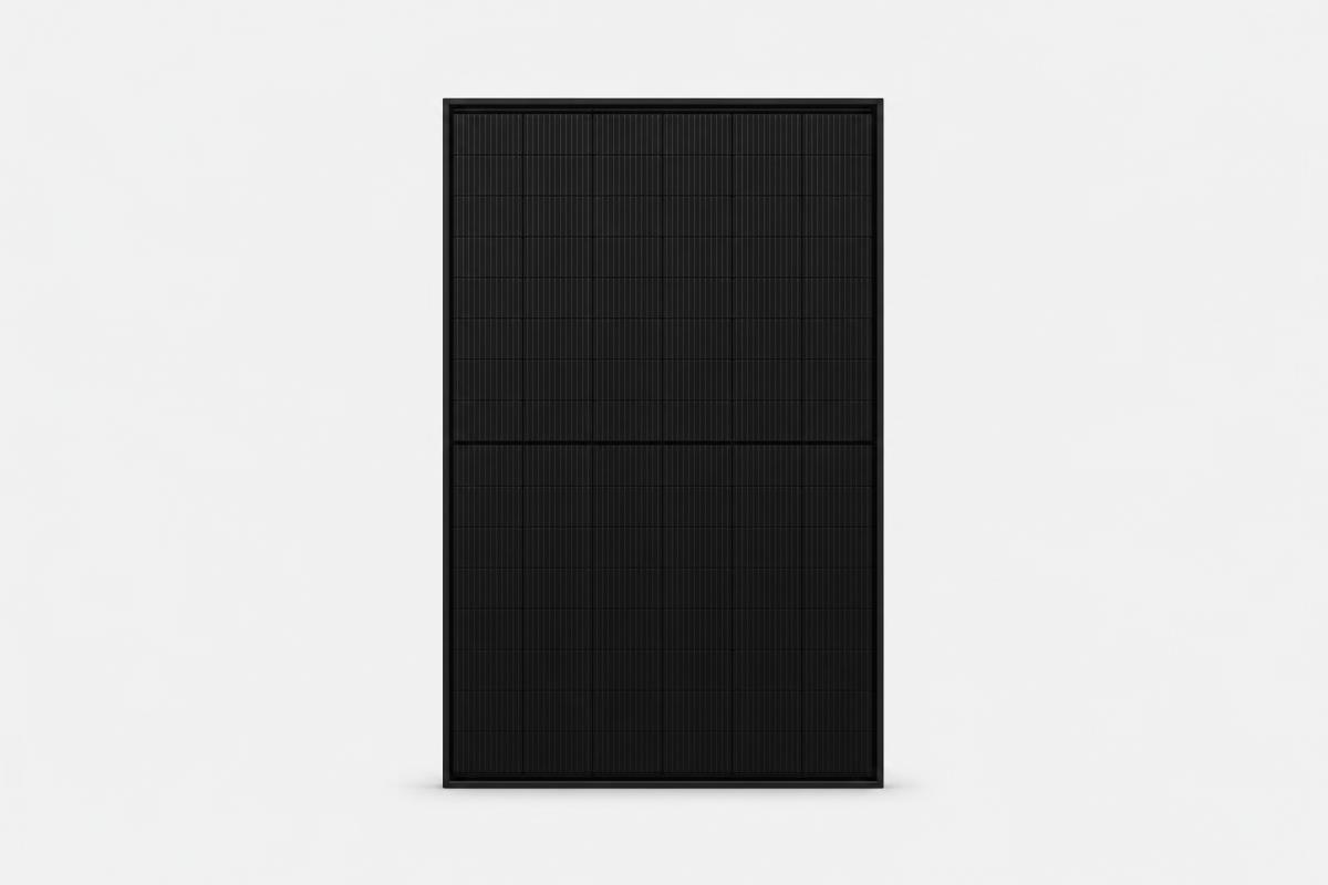 All-black solar PV panel on a light grey studio background