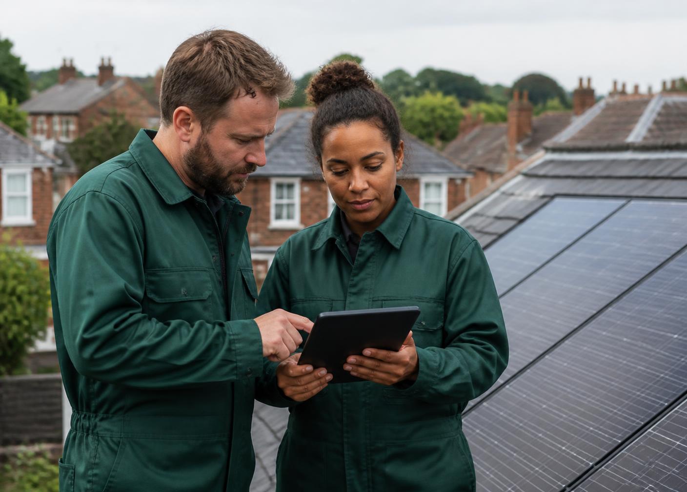 Two Atlas Energy engineers in green workwear checking an installation outside a customer's home